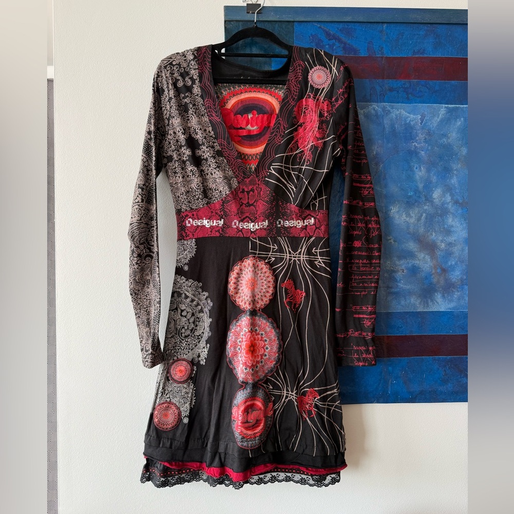 Desigual Long Sleeve Dress with Red and Black Patterns